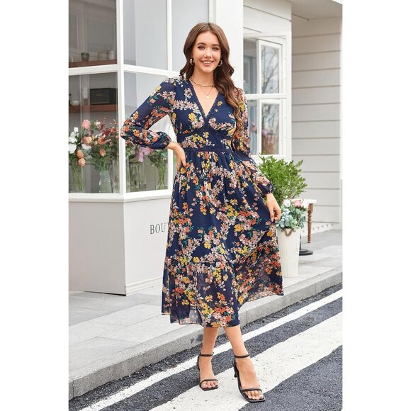Women's Floral V Neck Chiffon Maxi Dress Long Sleeve Weddings Casual - Picture 5 of 5